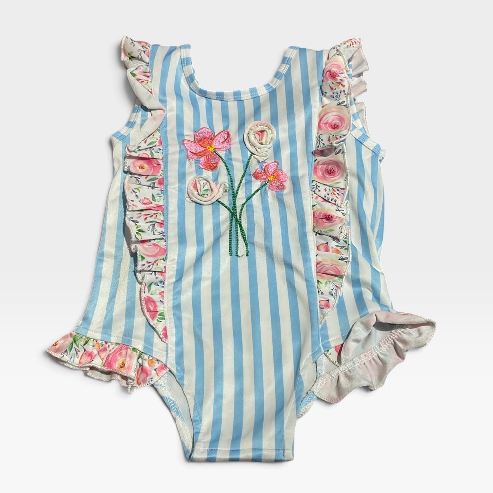 Emmababy Ruffle Floral Swimsuit Kids 120 Blue White Striped Excellent 3D Flower